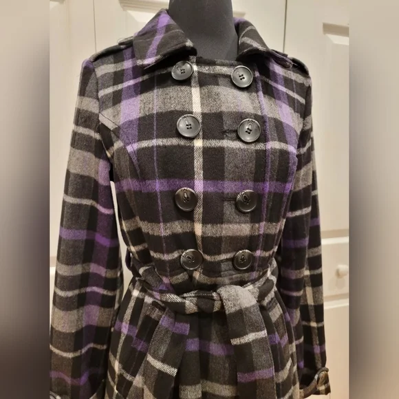 Arizona purple plaid double breasted black button up belted jacket coat S - Picture 5 of 9